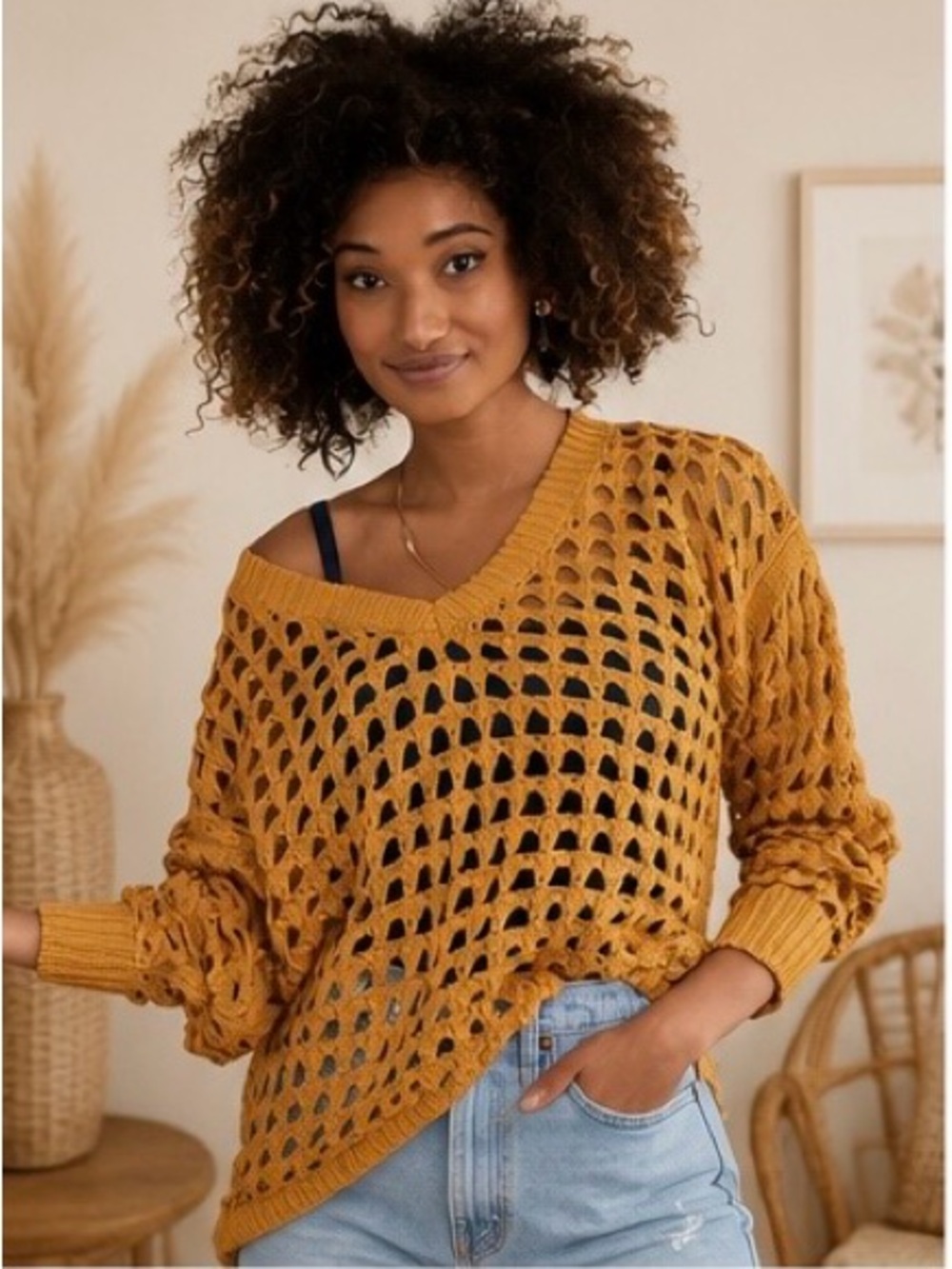 Daytrip Buckle Amber Gold Open Weave Crochet Sweater Boho Cotton Small